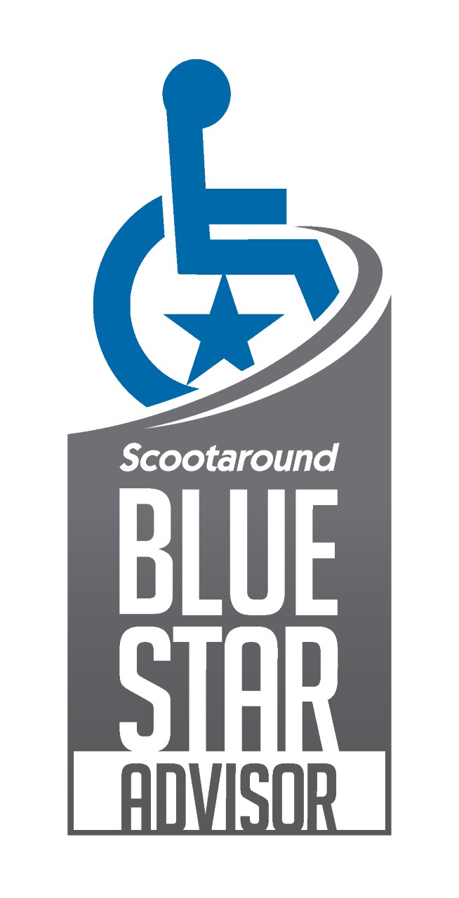 Scootaround Blue Star Advisor badge recognizing Travelin Dreamz's commitment to accessible travel.